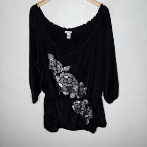 Cache‎ Silk Black Embroidered Peplum Hem Top Women's XL Floral Boho Blouse Y2K